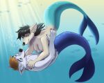 2026 ambient_fish ambient_sealife anthro aquatic arctic_wolf black_hair blue_body blue_eyes blue_scales blue_tail breasts brown_eyes brown_hair bubble canid canine canis duo elke_(artist) female fur gamer101_123_(fursona) grey_body grey_fur hair hand_on_shoulder hi_res hug light light_beam long_hair male male/female mammal merfolk mermaid_tail nipples nude nude_anthro nude_female nude_male sandy_(jetphox) scales short_hair smile split_form sunbeam sunlight swimming tail underwater water white_body white_fur wolf