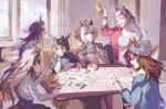  6+girls absurdres ahoge animal_ears beanie black_gloves black_hair black_pants black_shirt blue_eyes blue_pants blue_shirt blue_vest blunt_bangs bow breasts brown_eyes brown_hair brown_hat bubble_tea candy card casual chair closed_eyes closed_mouth coffee commentary cup denim denim_jacket disposable_cup dream_journey_(casual)_(umamusume) dream_journey_(umamusume) drinking_straw ear_bow ear_covers ears_through_headwear english_commentary eyewear_strap fenomeno_(casual)_(umamusume) fenomeno_(umamusume) flipped_hair food food_in_mouth glasses gloves gold_ship_(casual)_(umamusume) gold_ship_(umamusume) grey_hair grey_hat grey_jacket grey_shirt hair_between_eyes hat highres hiro_henuri holding holding_card holding_cup hood hooded_sweater hoodie horse_ears horse_girl horse_tail indoors jacket large_breasts lollipop lollipop_in_mouth long_hair long_sleeves multicolored_hair multiple_girls nakayama_festa_(casual)_(umamusume) nakayama_festa_(umamusume) one_eye_closed open_clothes open_jacket open_mouth orange_hair orfevre_(casual)_(umamusume) orfevre_(umamusume) pants pillbox_hat playing_card purple_eyes purple_hair red_jacket shirt sitting small_breasts smile stay_gold_(casual)_(umamusume) stay_gold_(umamusume) stay_gold_clan_(umamusume) streaked_hair striped_clothes striped_headwear sweater table tail two-tone_hair umamusume vertical-striped_clothes vertical-striped_headwear vest watch white_hair white_hoodie white_sweater wristwatch 