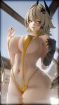  1girl 3d absurdres alternate_breast_size_(larger) blender_(medium) blush breasts caesar_king_(zenless_zone_zero) clenched_hands covered_nipples curvy dkclaude3d green_hair hair_between_eyes highres large_breasts long_hair looking_to_the_side navel one-piece_swimsuit open_mouth pool pool_ladder prosthesis prosthetic_arm red_nails solo swimsuit water wet yellow_eyes yellow_one-piece_swimsuit zenless_zone_zero 