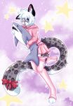 anthro asphinx blahaj blue_mouth bottomwear clothing collar felid fur grey_body grey_fur hair hi_res hoodie ikea legwear m0nst3rdoc male mammal one_eye_closed pantherine pink_clothing pink_collar plushie ribbons simple_background skirt snow_leopard solo standing stockings topwear white_hair wink