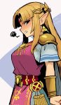  1girl angry armor black_eyes blonde_hair bracelet circlet commentary corrupted_twitter_file highres jewelry looking_at_viewer lunchiblz pauldrons pointy_ears princess princess_zelda profile short_sleeves shoulder_armor solo super_smash_bros. the_legend_of_zelda the_legend_of_zelda:_a_link_between_worlds 