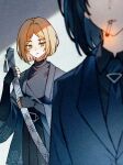  1boy 1girl belt black_belt black_gloves black_hakama black_pants black_shirt blonde_hair blue_coat blue_jacket blue_necktie blunt_ends buhuaixiaoguai cigarette coat commentary corrupted_twitter_file english_commentary eyes_out_of_frame fingerless_gloves gloves hair_intakes hakama hakama_pants head_out_of_frame highres holding holding_sheath jacket japanese_clothes lapels limbus_company long_sleeves looking_at_another looking_to_the_side necktie open_clothes open_coat pants parted_bangs parted_lips pinky_(identity)_(project_moon) project_moon ryoshu_(project_moon) sheath shirt short_hair sidelocks sinclair_(project_moon) smoking static suit_jacket sword_tassel tassel tie_clip turtleneck weapon weapon_tassel wide_sleeves yellow_eyes 