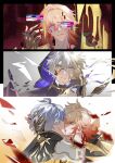  2boys antenna_hair armlet armor black_choker black_cloak black_coat black_shirt blonde_hair blood blue_eyes braid choker clawed_gauntlets cloak coat commentary crystal facial_tattoo flame_reaver_of_the_deepest_dark gradient_hair honkai:_star_rail honkai_(series) hood hood_up hooded_cloak jewelry kiss male_focus medium_hair multicolored_hair multiple_boys mydei_(honkai:_star_rail) neck_tattoo open_clothes open_coat parted_bangs pauldrons phainon_(honkai:_star_rail) red_hair red_tattoo shirt short_hair shoulder_armor side_braid single_pauldron sun_symbol sun_tattoo tattoo white_hair xiaozongcai521 yaoi yellow_blood yellow_eyes 