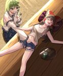  2girls absurdres alternate_costume blue_skirt blush bow breasts brown_hair cleavage collared_shirt commentary_request commission cup denim denim_shorts detached_sleeves dinotodon drooling finger_to_mouth frilled_bow frilled_hair_tubes frills green_eyes green_hair grin hair_bow hair_tubes hakurei_reimu highres kochiya_sanae light_rays long_hair multiple_girls navel pixiv_commission red_bow shirt shorts shushing skirt smile tank_top teapot touhou veranda white_shirt white_sleeves 