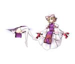  ass blonde_hair bow crossed_legs downscaled dress gap hair_bow hair_ornament hat hat_ribbon legs long_sleeves looking_to_the_side md5_mismatch minust mob_cap puffy_sleeves purple_eyes resized ribbon simple_background sitting smile solo tabard thighhighs touhou white_background white_dress white_legwear wide_sleeves yakumo_yukari 