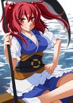  breasts check_commentary cleavage commentary_request eichi_yuu hair_bobbles hair_ornament highres large_breasts onozuka_komachi puffy_sleeves red_eyes red_hair river sash scythe shirt sitting skirt smile solo touhou two_side_up water wind 