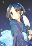  alternate_costume black_hair blush chize fan green_eyes hair_ornament hairclip heart holding japanese_clothes kantai_collection kimono kuroshio_(kantai_collection) long_sleeves night night_sky short_hair sky smile solo yukata 