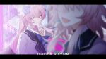  2girls artist_name black_border blue_bow blue_bowtie blurry blurry_foreground border bow bowtie chinese_commentary closed_mouth commentary_request cyrene_(demiurge)_(honkai:_star_rail) cyrene_(honkai:_star_rail) faceless faceless_female finger_to_mouth floating_hair flower hair_flower hair_ornament honkai:_star_rail honkai_(series) long_hair long_sleeves looking_at_viewer march_7th_(honkai:_star_rail) march_7th_(preservation)_(honkai:_star_rail) multiple_girls one_eye_closed open_mouth outside_border pink_hair school_uniform shirt short_hair_with_long_locks shushing smile srpzk symbol-shaped_pupils very_long_hair white_shirt 