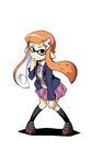  anbe_masahiro brown_eyes brown_hair domino_mask full_body hair_ornament hairclip hand_on_own_knee highres inkling kneehighs loafers mask monster_girl necktie pointy_ears school_uniform shoes simple_background skirt smile solo splatoon_(series) splatoon_1 tentacle_hair white_background 