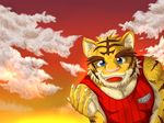  anthro big_muscles blue_eyes clothing feline fur mammal morenatsu muscles sunset tiger torahiko_ooshima 