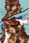 anthro artist_name asking blue_eyes brown_body brown_fur dialogue disembodied_hand excaliburwolf eyes_closed fur hi_res hyena male mammal matt_(nysepho) petting simple_background solo striped_hyena tail tail_motion tailwag text tongue tongue_out two_panel_image