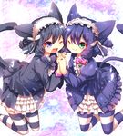  ;3 ;d animal_ears arare_mochiko bell black_hair blue_hair bow bowtie cat_ears cat_tail curly_hair cyan_(show_by_rock!!) dual_persona fang frilled_skirt frills hairband holding_hands interlocked_fingers lolita_hairband multiple_girls one_eye_closed open_mouth short_hair show_by_rock!! skirt smile striped striped_legwear tail thighhighs 