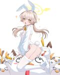  +_+ 1girl :d absurdres animal_ear_hairband animal_ears blonde_hair blue_archive bow bowtie breasts cleavage commentary fake_animal_ears fake_tail flower from_side full_body garter_straps hair_flower hair_ornament hairband hairclip halo hifumi_(blue_archive) highres leotard long_hair looking_at_viewer low_twintails open_mouth peroro_(blue_archive) playboy_bunny rabbit_ear_hairband rabbit_ears rabbit_tail shoes shrug_(clothing) shusuchii simple_background sitting small_breasts smile solo tail thighhighs twintails untranslatable_commentary white_background white_leotard white_shoes white_shrug white_thighhighs winged_halo x_hair_ornament yellow_bow yellow_bowtie yellow_eyes yellow_halo 