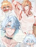  2boys alternate_costume antenna_hair apple arm_tattoo basket black_choker blonde_hair blue_eyes blush braid chest_tattoo choker commentary crew_neck facial_tattoo food fruit gradient_hair highres holding holding_basket honkai:_star_rail honkai_(series) male_focus medium_hair multicolored_hair multiple_boys mydei_(honkai:_star_rail) neck_tattoo pao_fu226 parted_bangs phainon_(honkai:_star_rail) red_hair red_tattoo shirt short_hair side_braid sun_symbol sun_tattoo tank_top tattoo white_hair white_shirt white_tank_top yaoi yellow_eyes 