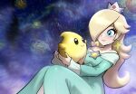  1girl 1other absurdres aqua_dress bare_shoulders black_eyes blonde_hair blue_eyes blue_gem brooch collarbone dress earrings gem hair_over_one_eye highres jeweled_crown jewelry long_dress long_hair looking_at_another luma_(mario) mario_(series) muis0802 nail_polish purple_nails red_gem rosalina signature smile space star_(symbol) star_brooch star_earrings super_mario_galaxy yellow_gem 