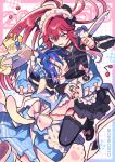  2boys animal_ear_hairband animal_ears apron bear_ear_hairband bear_ears black_garter_straps black_jacket black_nails black_skirt black_thighhighs blue_bow blue_hair blue_jacket blue_skirt bow cat_tail chest_harness closed_eyes commentary crossdressing crossdressing_(mtf) crying ensemble_stars! fake_animal_ears furrowed_brow garter_straps hair_between_eyes hairband hareyuu harness holding holding_knife hug jacket jersey_maid jewelry knife long_hair long_sleeves looking_at_another madoka_nozomi maid maid_apron maid_headdress male_focus multiple_boys open_mouth pink_bow pink_eyes pink_hair ponytail ring short_hair skirt tail thighhighs tray tsuzura_chitose unconventional_maid 