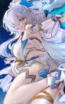  1girl ;) breasts bronya_zaychik bronya_zaychik_(maximum_velocity) bronya_zaychik_(silverwing:_n-ex) commentary drill_hair grey_eyes grey_hair highres holding holding_weapon honkai_(series) honkai_impact_3rd long_hair medium_breasts miniskirt official_alternate_costume one_eye_closed otwd_2d skirt sky smile solo star_(sky) starry_sky tank_top thighs untranslatable_commentary very_long_hair weapon white_skirt white_tank_top 