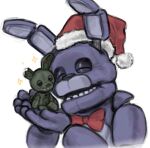  2boys 482egg animal_ears animal_nose bonnie_(fnaf) bow bowtie closed_eyes commentary english_commentary five_nights_at_freddy's fur-trimmed_headwear fur_trim furry furry_male hat humanoid_robot mechanical_ears multiple_boys plushtrap rabbit_boy rabbit_ears red_bow red_bowtie red_hat robot santa_hat simple_background snout sparkle upper_body white_background 