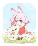  1girl :< ai-chan_(honkai_impact) black_pantyhose blue_sky closed_mouth commentary_request dress fu_hua fu_hua_(phoenix) highres honkai_(series) honkai_impact_3rd jingwei_(bird) long_hair long_sleeves looking_at_viewer mon_momu pantyhose pink_hair red_eyes red_sweater sky solo sweater white_dress 