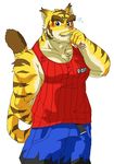  anthro big_muscles blue_eyes clothing feline fur kotobuki mammal morenatsu muscles plain_background tiger torahiko_ooshima 
