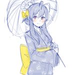  antenna_hair blazblue blazblue_remix_heart blue_hair blush bow cant_draw genderswap genderswap_(mtf) hair_bow japanese_clothes kimono long_hair mai_natsume obi oriental_umbrella red_eyes ribbon sash smile solo umbrella yellow_bow yukata 