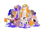  2girls bike_shorts cat domino_mask e-liter_3k_(splatoon) flag full_body hat inkbrush_(splatoon) inkling inoue_seita jajji-kun_(splatoon) knit_hat long_hair mask monster_boy monster_girl multiple_boys multiple_girls official_art open_mouth orange_hair paintbrush pigeon-toed pointy_ears shoes simple_background sitting smile sneakers splatoon_(series) splatoon_1 squid_beakon_(splatoon) standing suction_bomb_(splatoon) teeth tentacle_hair white_background yellow_eyes 