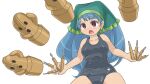  1girl blue_hair blue_one-piece_swimsuit blush breasts collarbone colored_eyelashes commentary_request green_headscarf haniwa_(statue) haniyasushin_keiki headscarf holding_tool long_hair medium_breasts old_school_swimsuit one-piece_swimsuit open_mouth purple_eyes school_swimsuit solo swimsuit touhou transparent_background winn 