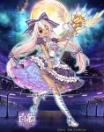  1girl ascot baizu_(guszx) blush bow breasts dark-skinned_female dark_skin dress frilled_dress frills full_body full_moon hair_between_eyes hair_bow highres holding holding_staff long_hair low-tied_long_hair mireille_lerner moon night official_art official_wallpaper one_eye_closed open_mouth pink_hair puffy_short_sleeves puffy_sleeves purple_bow red_eyes shironeko_project short_sleeves small_breasts smile solo staff striped_bow twintails very_long_hair white_ascot 
