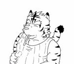  anthro big_muscles clothing eyes_closed familiar feline fur mammal morenatsu muscles plain_background tiger torahiko_ooshima 