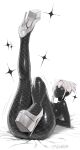  +_+ 1girl ? absurdres ass ass_focus breasts dark-skinned_female dark_skin fishnet_pantyhose fishnets high_heels highres huge_ass katsu_(radon86_nya) large_breasts leg_focus leg_up lying on_back on_bed original pantyhose platform_shoes radon86_nya shiny_skin shoes short_hair simple_background solo sparkle spoken_question_mark white_background white_hair white_shoes wide_hips 