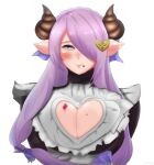  1girl apron blue_eyes blush breasts cleavage cleavage_cutout clothing_cutout draph food food_on_body food_on_breasts food_on_face granblue_fantasy hair_over_one_eye heart_cutout horns huge_breasts icing long_hair looking_to_the_side mitsuka2521 narmaya_(granblue_fantasy) narmaya_(valentine)_(granblue_fantasy) official_alternate_costume purple_hair purple_ribbon ribbon smile sweater white_apron 