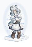  1girl :d aged_down animal_ears arknights bead_necklace beads boots brown_boots brown_mittens child coat commentary_request dated faux_figurine full_body fur-trimmed_boots fur_hat fur_scarf fur_trim grey_eyes grey_streaks happy hat highres holding_own_tail jewelry looking_at_viewer medium_hair mittens multicolored_hair necklace pantyhose parka pramanix_(arknights) simple_background smile snow snow_leopard_ears snow_leopard_girl snow_leopard_tail snowman solo standing streaked_hair tail white_background white_coat white_hair white_hat white_pantyhose zeriko 
