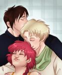  1girl 2boys bisexual_male black_hair blonde_hair blue_background blue_shirt braid closed_eyes creadhd eagle_vision english_commentary green_scarf highres lantis_(rayearth) magic_knight_rayearth multiple_boys pink_lips plaid_background red_hair scarf shidou_hikaru shirt single_braid upper_body 