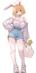  1girl absurdres animal_ears animal_nose bag blonde_hair blue_shorts breasts carrot_(one_piece) collarbone commentary english_commentary full_body furry furry_female highres holding holding_bag klopsiak large_breasts long_sleeves one_piece pale_skin rabbit_ears rabbit_girl red_eyes shirt shoes short_hair shorts simple_background snout solo standing white_background white_shirt white_shoes 