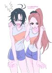  2girls :p absurdres annoyed antenna_hair black_hair blue_shorts brown_eyes brown_hair closed_mouth cowboy_shot hand_on_another's_shoulder highres idolmaster idolmaster_(classic) kikuchi_makoto long_hair minase_iori multiple_girls najuco_(naju0517) open_mouth ponytail purple_eyes shirt short_hair shorts side-by-side simple_background sleeveless sleeveless_shirt standing tongue tongue_out translation_request v-shaped_eyebrows white_background 