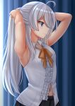  1girl ahoge armpits arms_behind_head arms_up black_skirt blue_eyes blush breasts center_frills closed_mouth clothing_cutout collared_shirt commentary_request elaina_(majo_no_tabitabi) frills grey_hair highres kazenokaze looking_at_viewer majo_no_tabitabi navel navel_cutout shirt skirt sleeveless sleeveless_shirt small_breasts smile solo stomach_cutout sweat tying_hair very_sweaty white_shirt 