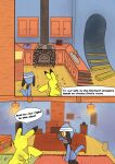 2026 2_panel_comic ambiguous_gender anthro bandage black_text blue_body book bookshelf building cabinet carpet ceiling_lamp cheek_spots chimney comic dialogue duo english_text exclamation_point eyes_closed fireplace furnace furniture generation_1_pokemon generation_4_pokemon hi_res house inside kitchen ladder lamp male_(lore) motion_lines nintendo orange_eyes paws pikachu pokemon pokemon_(species) pokemon_mystery_dungeon red_cheeks riolu sawlamander speech_bubble spike_chunsoft stairs tail talking_to_another text walking wall_(structure) white_sclera window yellow_body