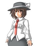  1girl 3peso black_hat black_skirt bow breast_pocket brown_eyes brown_hair collared_shirt cowboy_shot frown game_asset hat hat_bow labyrinth_of_touhou labyrinth_of_touhou_(series) long_sleeves lowres necktie non-web_source pocket red_necktie self-datamine shirt short_hair skirt solo touhou transparent_background usami_renko white_shirt 