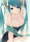  bare_shoulders blue_eyes blush breasts cum cum_on_body cum_on_breasts cum_on_upper_body dress_pull green_hair hair_ornament league_of_legends long_hair looking_at_viewer medium_breasts nipples open_mouth solo sona_buvelle very_long_hair weee_(raemz) 