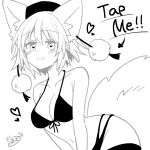  1girl absurdres animal_ears bikini blush breasts cleavage closed_mouth collarbone commentary greyscale groin hat heart heart-shaped_pupils highres inubashiri_momiji large_breasts looking_at_viewer meme monochrome navel pokopoko_ponzu pom_pom_(clothes) short_hair signature smile solo swimsuit symbol-shaped_pupils tail tap_me_(meme) thighhighs tokin_hat touhou wolf_ears wolf_girl wolf_tail 