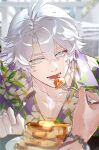  2boys antenna_hair arm_tattoo blue_eyes collared_shirt commentary_request feeding floral_print_shirt food fork glazed108642 highres holding holding_fork honkai:_star_rail honkai_(series) korean_commentary looking_at_viewer male_focus multiple_boys mydei_(honkai:_star_rail) neck_tattoo open_mouth pancake pancake_stack parted_bangs phainon_(honkai:_star_rail) pov pov_hands purple_shirt red_tattoo shirt short_hair solo_focus sun_symbol sun_tattoo tattoo teeth white_hair 