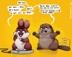 after_transformation ambiguous_gender annoyed beaver beaver_tail brown_body brown_fur buckteeth duo english_text feral fur hair hi_res hoppers_(disney) lagomorph leporid male mammal miltonholmes open_mouth paws rabbit red_body red_fur rodent self_examination signature sound_effects speech_bubble tail tail_motion tail_slapping tapping technology teeth text transformation_through_technology white_body white_fur