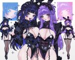  2girls animal_ears ass barbell_piercing belt black_leotard black_nails black_shrug blue_belt blue_eyes blue_hair blue_hairband blue_shoes blunt_bangs breast_press breast_tattoo breasts chest_harness choker cleavage commentary commission covered_navel cowboy_shot demon_horns ear_piercing face_piercing fake_animal_ears fangs fishnet_thighhighs fishnets frilled_choker frilled_hairband frilled_sleeves frilled_thighhighs frills full_body grey_eyes hair_rings hairband hand_on_another's_thigh hand_on_another's_waist hand_up harness hayane_hayaoki head_tilt heterochromia highleg highleg_leotard highres horns industrial_piercing juliet_sleeves large_breasts latex latex_leotard leg_tattoo leotard light_blush lip_piercing lips long_hair long_sidelocks long_sleeves long_tongue looking_at_viewer mole mole_on_breast mole_on_thigh mole_under_eye multicolored_hair multiple_expressions multiple_girls multiple_views open_mouth original piercing pink_belt pink_eyes pink_hairband playboy_bunny puffy_sleeves purple_hair purple_shoes rabbit_ears shoes shrug_(clothing) sideboob sidelocks simple_background skindentation sparkle spiked_choker spiked_ear_piercing spiked_wristband spikes standing tattoo thick_thighs thighhighs thighs tongue tongue_out tongue_piercing translation_request two-tone_hair very_long_fingernails white_background 