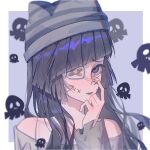  1girl absurdres animal_ear_headwear animal_ears asymmetrical_bangs bandaid bandaid_on_cheek bandaid_on_face bare_shoulders beanie black_hair blunt_bangs border cat_ears chinese_commentary closed_mouth collarbone commentary_request eyelashes eyepatch fake_animal_ears fang fang_out finger_to_cheek grey_hat grey_lips grey_shirt hand_on_own_chin happy hat highres infinity_nikki light_smile lipstick long_hair long_sidelocks long_sleeves loose_hair_strand makeup medical_eyepatch nikki_(series) off-shoulder_shirt off_shoulder outside_border purple_background purple_eyes raised_inner_eyebrows shirt sidelocks skull solo stitched_face stitches striped_clothes striped_headwear stylist_(nikki) upper_body very_long_hair wang_jue white_border 