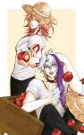  2boys alternate_costume antenna_hair apple arm_tattoo black_choker blonde_hair blue_eyes bottle braid choker commentary crew_neck english_commentary facial_tattoo food fruit gradient_hair hat highres holding holding_bottle honkai:_star_rail honkai_(series) male_focus medium_hair multicolored_hair multiple_boys mydei_(honkai:_star_rail) parted_bangs phainon_(honkai:_star_rail) red_hair red_tattoo shirt short_hair short_sleeves side_braid straw_hat tattoo tofuyafuu9 water_bottle white_hair white_shirt yellow_eyes 