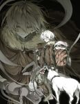  2boys backpack_basket bandaged_leg bandages black_background blood blood_stain blush boots brown_cloak cloak commentary_request expressionless full_body fumetsu_no_anata_e fur-trimmed_cloak fur_boots fur_trim fushi_(fumetsu_no_anata_e) gloves green_pants grin hair_between_eyes highres hood hooded_cloak joan_(fumetsu_no_anata_e) korean_commentary lee_01270029 looking_at_animal male_focus multiple_boys multiple_views one_eye_closed open_hand pants purple_eyes short_hair simple_background smile the_nameless_boy_(fumetsu_no_anata_e) upper_body white_hair white_wolf wolf yellow_eyes 