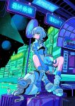  1girl ahoge backpack bag blue_eyes blue_hair blue_jacket blue_nails cityscape closed_mouth commentary cyberpunk full_body hair_between_eyes high_collar highres jacket leg_warmers light_rays long_sleeves looking_ahead medium_hair nakazawa_ayami neon_lights neon_sign original palm_tree planet shorts sitting sky sleeves_past_wrists tree white_leg_warmers 