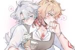  2boys animal_ear_fluff animal_ears antenna_hair apron arm_tattoo bear_boy bear_ears blonde_hair blue_eyes blush braid chest_tattoo collared_shirt commentary dog_boy dog_ears dog_tail facial_tattoo gradient_hair grey_apron hachiisen heart highres honkai:_star_rail honkai_(series) hug hug_from_behind male_focus medium_hair multicolored_hair multiple_boys mydei_(honkai:_star_rail) parted_bangs phainon_(honkai:_star_rail) red_hair red_tattoo shirt short_hair side_braid spoken_heart tail tattoo untranslatable_commentary white_hair white_shirt yaoi yellow_eyes 
