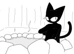 2026 anthro back_boob bare_back big_breasts biped black_and_white black_body black_fur black_tail breasts domestic_cat felid feline felis female fur head_turned hot_spring hot_water looking_at_viewer looking_back mammal monochrome mouthless nude pupils rear_view rock sabgong side_boob solo spa steam tail vingo_(sabgong) water