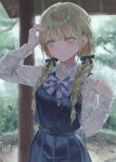  1girl blonde_hair blue_bow blue_skirt blush bow bowtie braid chest_bow collarbone collared_shirt commentary_request fingernails fujita_kotone gakuen_idolmaster hair_ribbon hand_on_own_head highres idolmaster long_hair long_sleeves looking_to_the_side low_twin_braids mitsuki_(micky_m1212) multicolored_bow outdoors pink_bow plaid_bow plaid_bowtie plaid_clothes plant pleated_skirt rain ribbon see-through_clothes see-through_shirt shirt skirt solo standing tree twin_braids wet wet_clothes wet_face wet_hair wet_shirt white_shirt yellow_eyes 